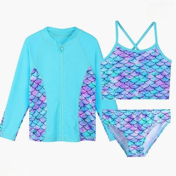 NWT Girls Swimsuit SPF UPF 50+ UV 3PCS Zip Up Rash Guard Swimwear & Tankini - Picture 1 of 5